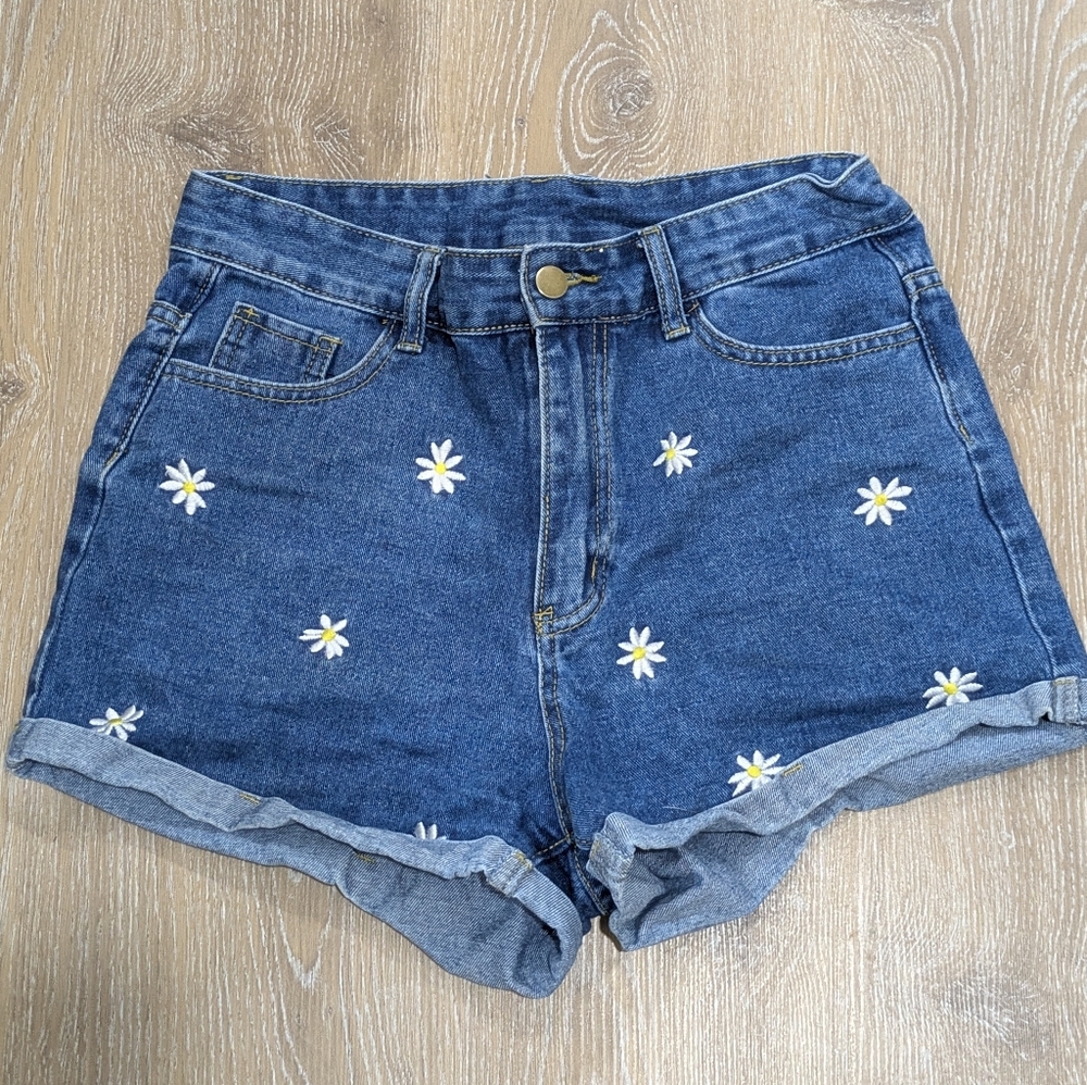 US M SHEIN Blue Jean Shorts with Floral Embroidery